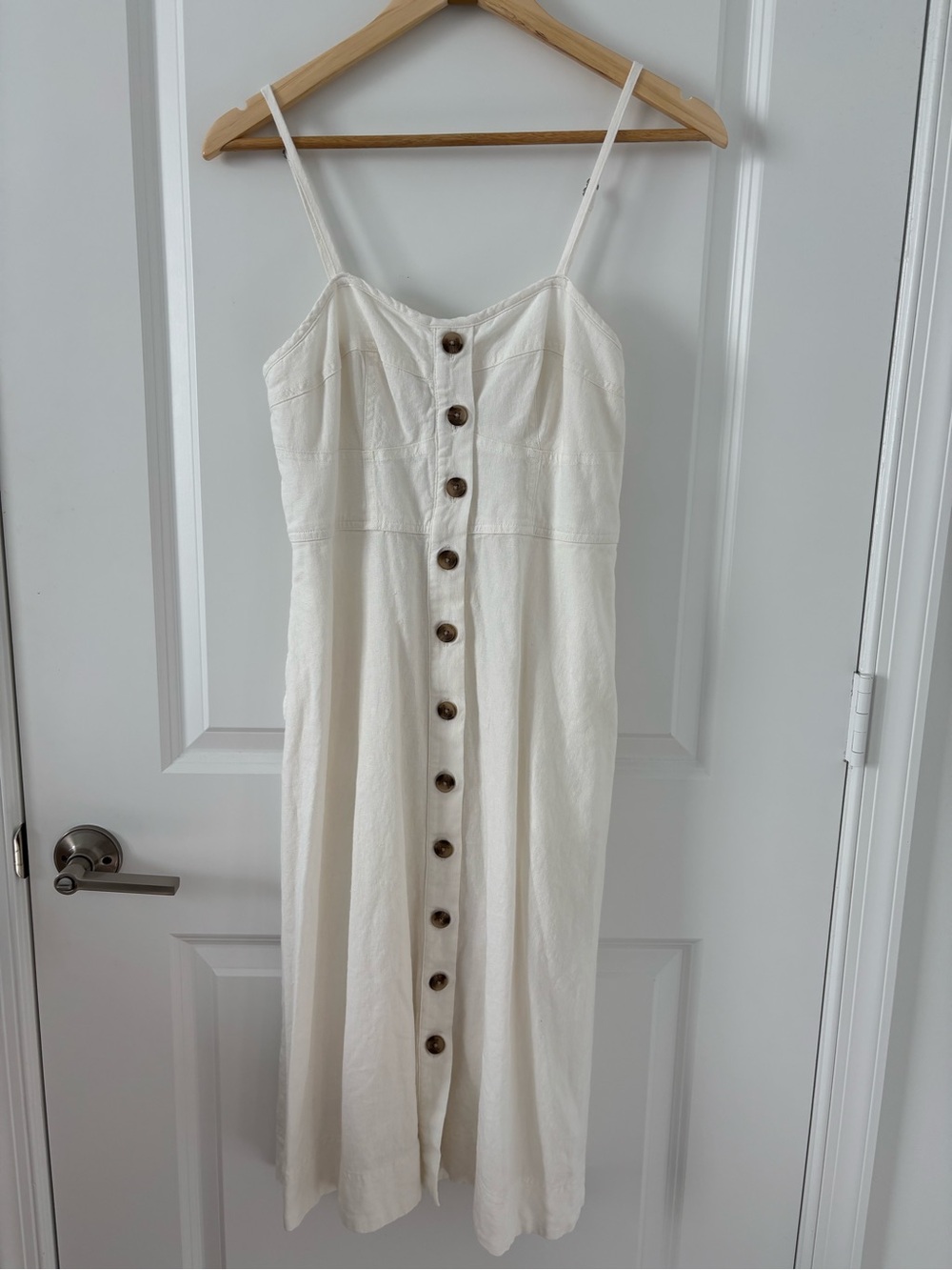 Button Front Smocked Back Off-White Linen Blend Midi Dress Size S